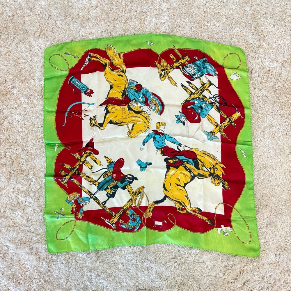 Vintage 50s Western Wranglers & Horses Rodeo Satin Scarf Bandana (31x33)